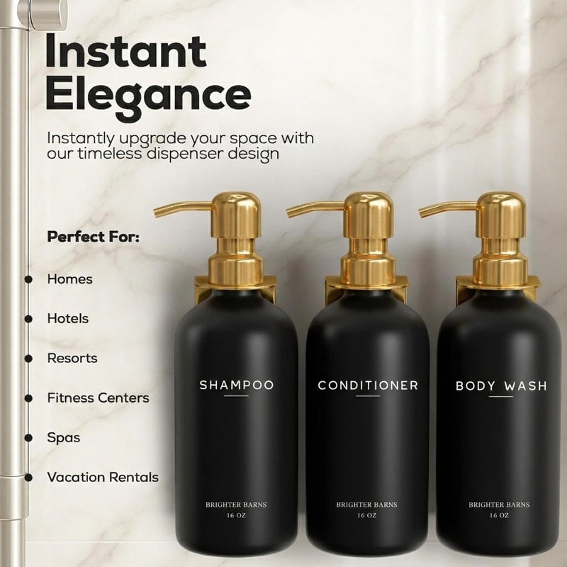Brighter Barns Luxury Shampoo and Conditioner Dispenser Set Wall Mounted by - Refillable Shower Shampoo Dispenser and Stainless Steel Pumps - Modern Bathroom Decor for Guest House, Airbnb (Black Gold) - Image 2