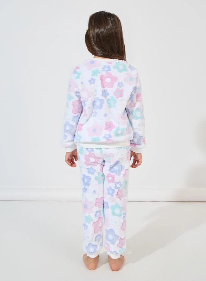 Styli Floral Pattern Fleece Sweatshirt & Joggers Set
