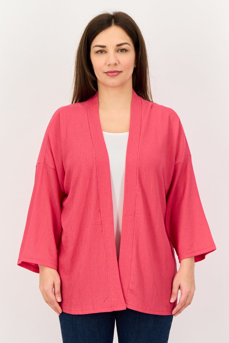 BIG DART Women Split Neck Open Front Long Sleeve Cardigan, Fuchsia - Image 1