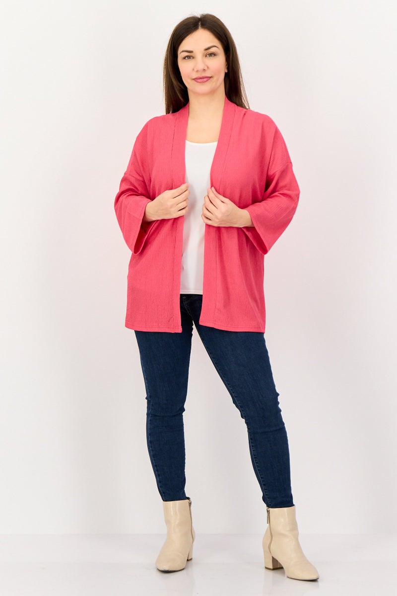 BIG DART Women Split Neck Open Front Long Sleeve Cardigan, Fuchsia - Image 3