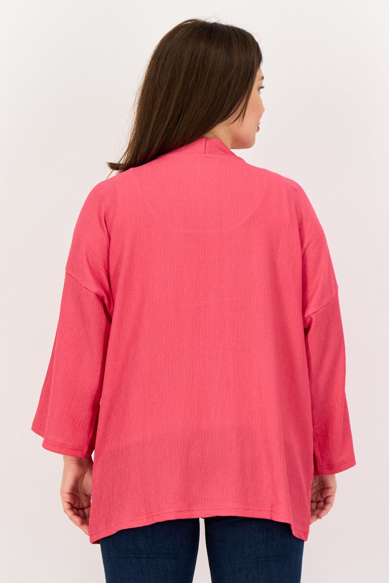BIG DART Women Split Neck Open Front Long Sleeve Cardigan, Fuchsia - Image 2