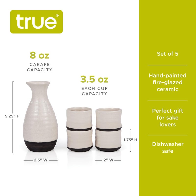 True Fervor Ceramic Sake Set Includes Four 3.5 oz Small Cups & One 8 oz Carafe for Gin, Japanese Tea, Herbal Teas, Drinkware, Home Bar, 5-Piece, White - Image 3