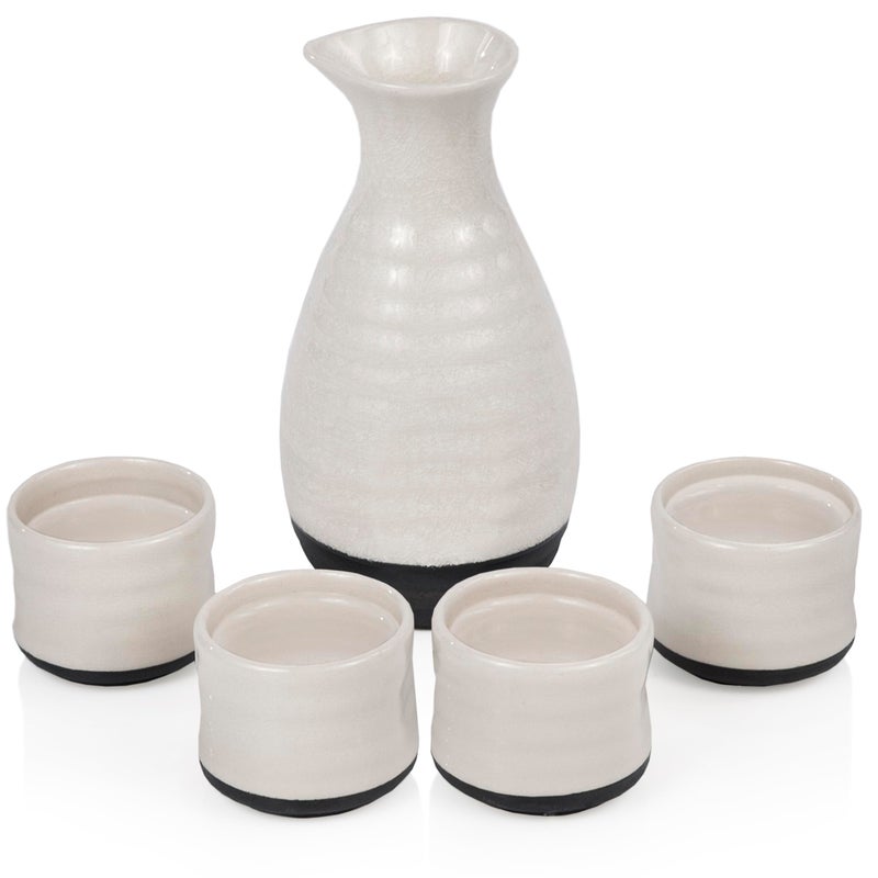 True Fervor Ceramic Sake Set Includes Four 3.5 oz Small Cups & One 8 oz Carafe for Gin, Japanese Tea, Herbal Teas, Drinkware, Home Bar, 5-Piece, White - Image 1