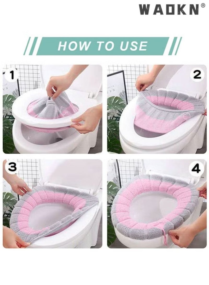 WAOKN Four Sets of Washable Household Bathroom Knitted Toilet Seat Cushions Pads,Toilet Seat Cushion Pads with Handle Toilet Accessories (Pink Blue Green Beige), universal all year round - Image 2