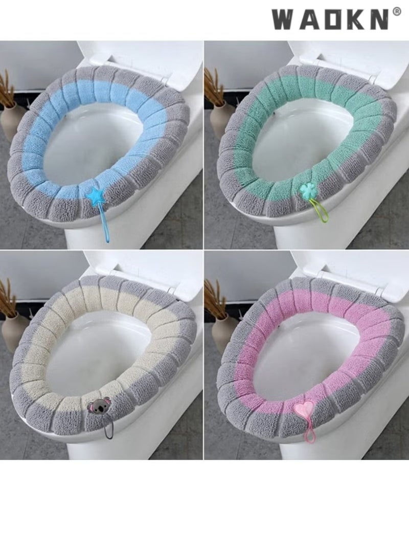 WAOKN Four Sets of Washable Household Bathroom Knitted Toilet Seat Cushions Pads,Toilet Seat Cushion Pads with Handle Toilet Accessories (Pink Blue Green Beige), universal all year round - Image 3