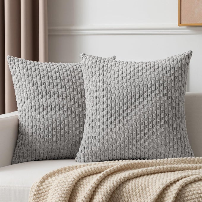 KEVIN TEXTILE SUPER SOFT PLUSH CORDUROY SOLID TEXTURED LARGE BOHO THROW EURO PILLOW SHAM CUSHION COVER FOR COUCH FLOOR 2 PCS 24 X 24 INCH 60CM LIGHT GREY