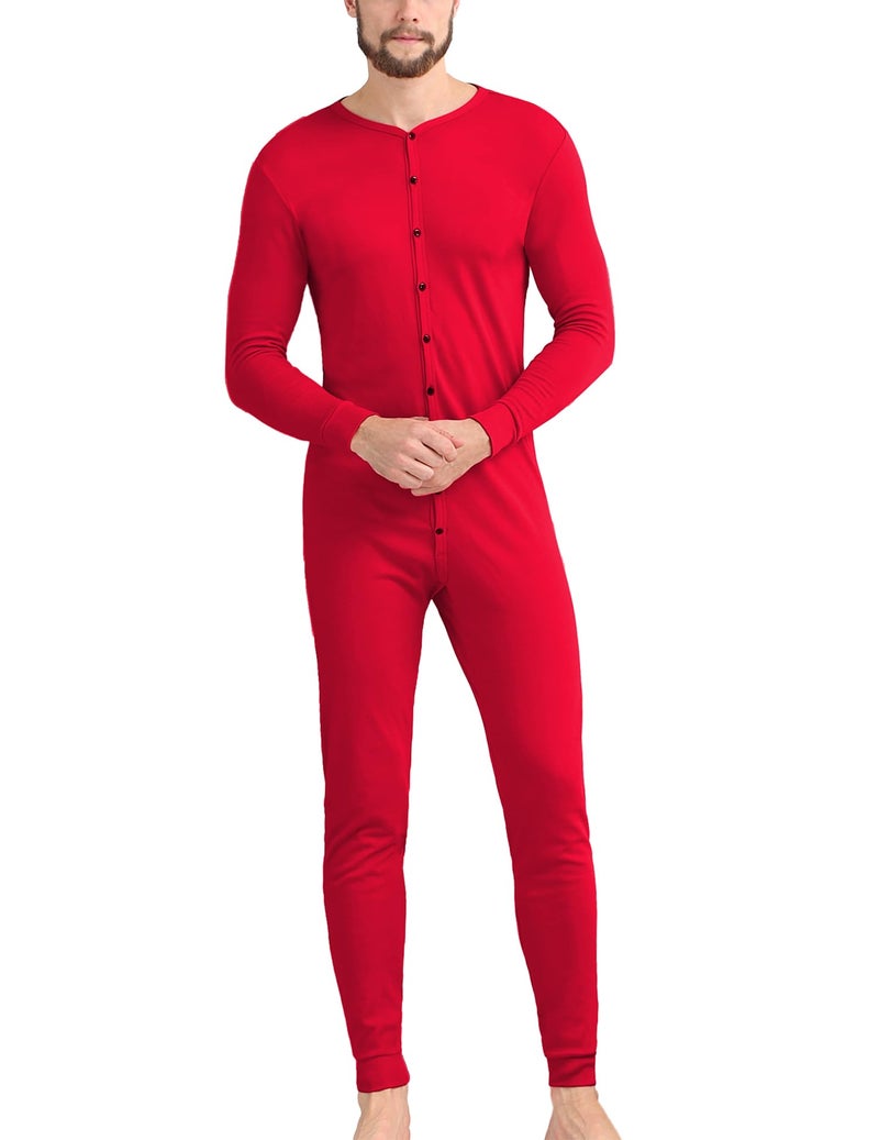 COLORFULLEAF Mens Cotton Thermal Underwear Union Suits Henley Onesies Base Layer Red S