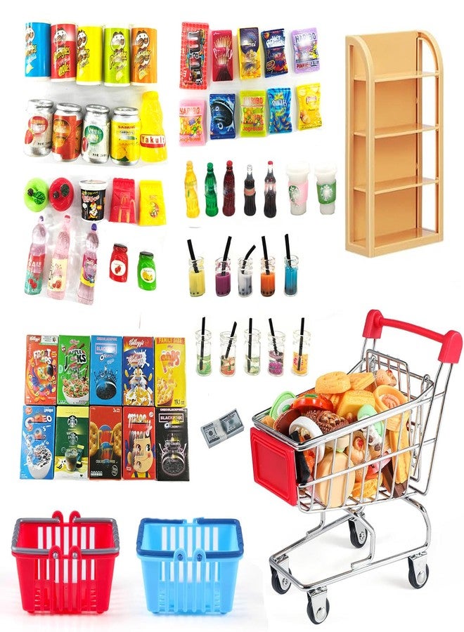 112pcs Miniature Dollhouse Grocery Set Shopping Cart Basket Food Drink Bottle Supermarket Metal Handcart Toys Doll House Store Cosplay Game Dollhouse Grocery Party Trolley Model Dollar Bills