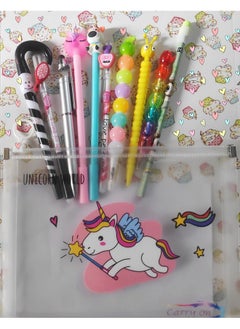 GoMerryKids Pack Of 10 Cartoon Unicorn Mermaid Gel Pens Ball Pens&Mechanical Pencil Lead Pencil Set With Unicorn Small Folder Pouch Case For Girls Kids,Blue  - Image 1