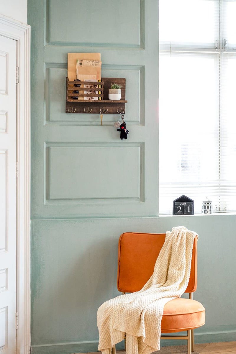 Dahey Wall Mounted Mail Holder Wooden Key Holder Rack Mail Sorter Organizer with 4 Double Key Hooks and A Floating Shelf Rustic Home Decor for Entryway or Mudroom,15.7" W x9.3 Hx3.2 D, Brown - Image 2