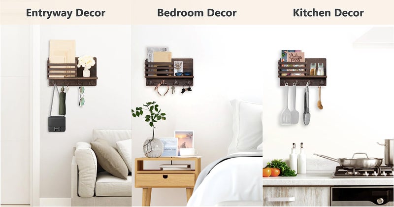 Dahey Wall Mounted Mail Holder Wooden Key Holder Rack Mail Sorter Organizer with 4 Double Key Hooks and A Floating Shelf Rustic Home Decor for Entryway or Mudroom,15.7" W x9.3 Hx3.2 D, Brown - Image 4