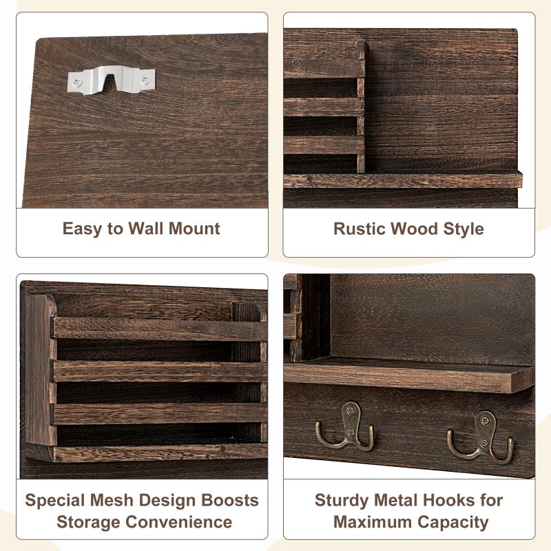 Dahey Wall Mounted Mail Holder Wooden Key Holder Rack Mail Sorter Organizer with 4 Double Key Hooks and A Floating Shelf Rustic Home Decor for Entryway or Mudroom,15.7" W x9.3 Hx3.2 D, Brown - Image 5