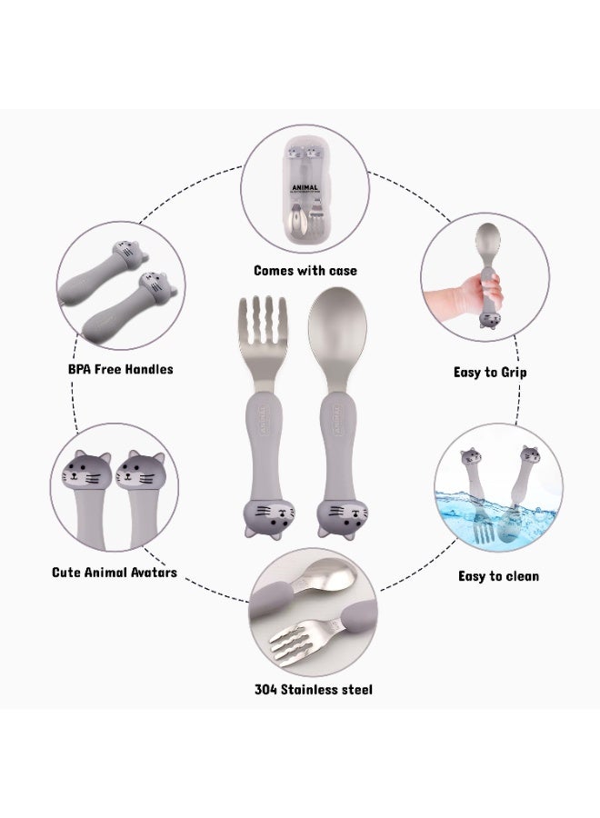 Cravista Stainless Steel Kids Cutlery Set with Case|Round Edge Kids Utensils BPA Free Handles|Fork & Spoon Cutlery Set for Lunch Box|Toddler Utensils Set | Animal Flatware Tableware with Portable Case (Grey) - Image 3