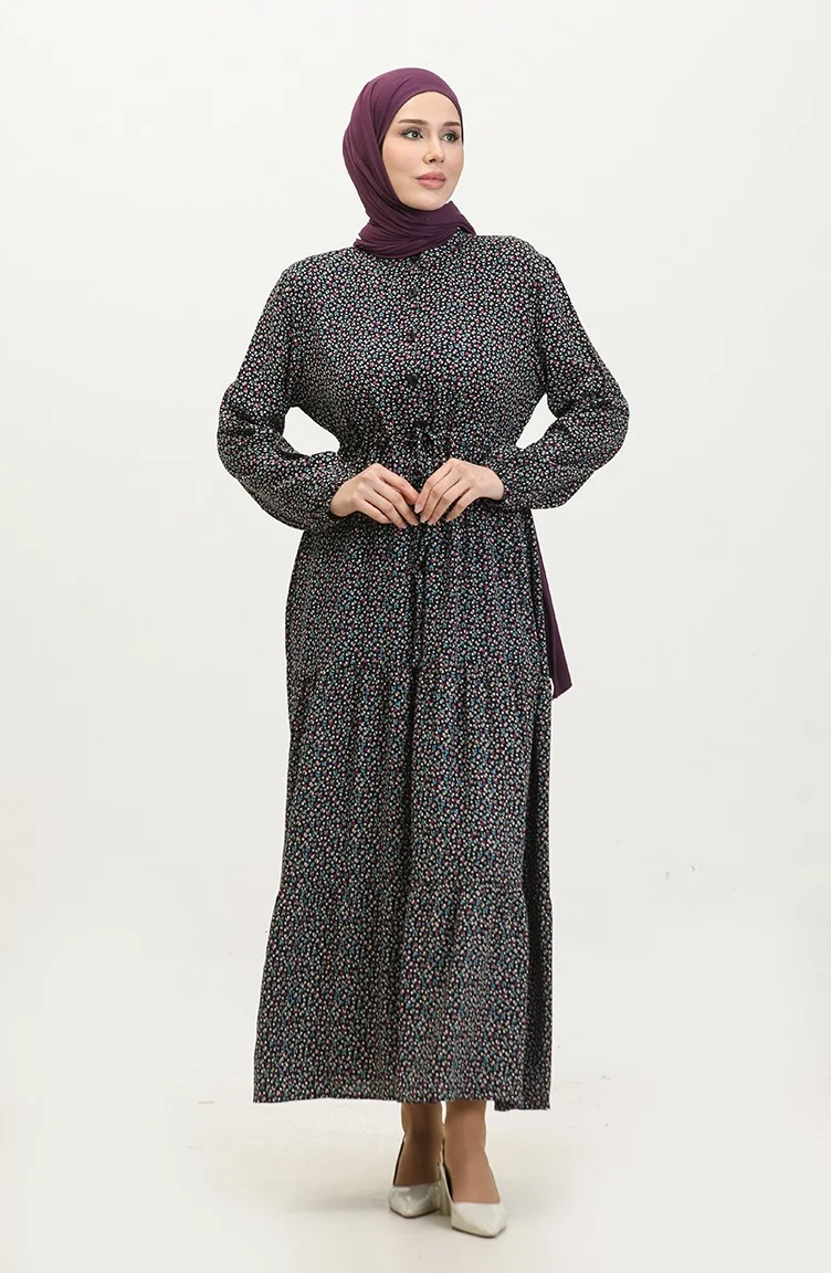 Sefa Merve Half Buttoned Patterned Dress 0368-01 Navy Blue