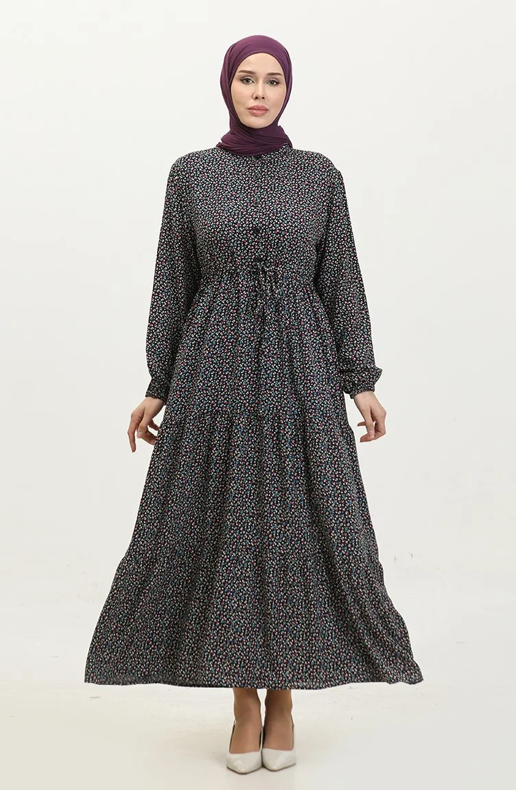 Sefa Merve Half Buttoned Patterned Dress 0368-01 Navy Blue