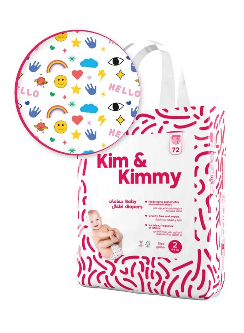 Kim & Kimmy Funny Icons Tape Style Diapers, 72 Pieces, Size 2, 4 to 8kg - Ultra Thin and Soft, Leak Protection