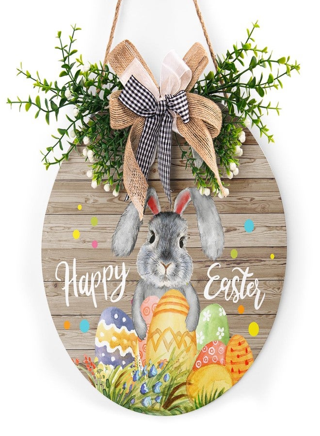 Harooni لافتة باب خشبية ريفية من هاروني مقاس 12×12 بوصة تحمل عبارة "عيد فصح سعيد" مع فيونكة وأرنب وبيض عيد الفصح، مثالية للباب الأمامي أو الجدار أو النافذة، للاستخدام الداخلي والخارجي - Image 1