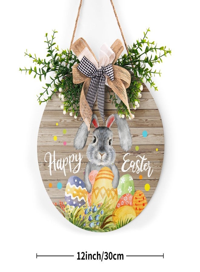 Harooni لافتة باب خشبية ريفية من هاروني مقاس 12×12 بوصة تحمل عبارة "عيد فصح سعيد" مع فيونكة وأرنب وبيض عيد الفصح، مثالية للباب الأمامي أو الجدار أو النافذة، للاستخدام الداخلي والخارجي - Image 2