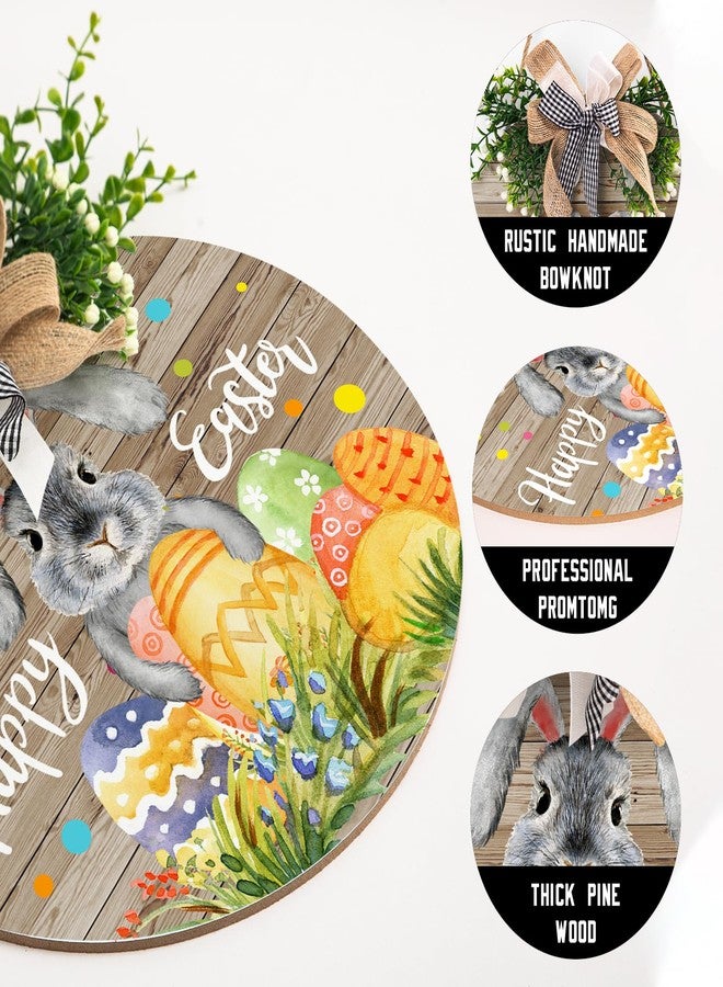 Harooni لافتة باب خشبية ريفية من هاروني مقاس 12×12 بوصة تحمل عبارة "عيد فصح سعيد" مع فيونكة وأرنب وبيض عيد الفصح، مثالية للباب الأمامي أو الجدار أو النافذة، للاستخدام الداخلي والخارجي - Image 3