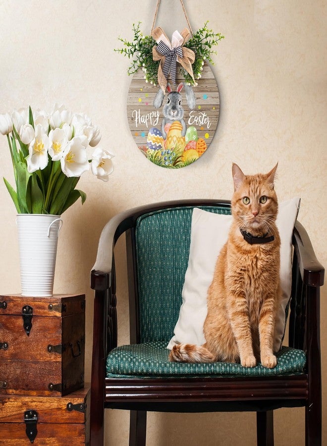 Harooni لافتة باب خشبية ريفية من هاروني مقاس 12×12 بوصة تحمل عبارة "عيد فصح سعيد" مع فيونكة وأرنب وبيض عيد الفصح، مثالية للباب الأمامي أو الجدار أو النافذة، للاستخدام الداخلي والخارجي - Image 4