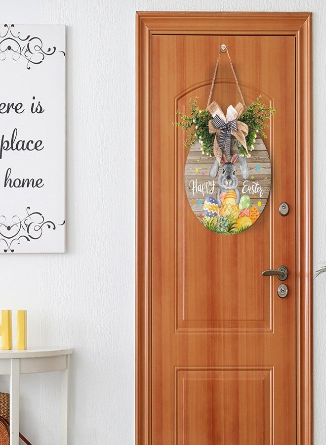 Harooni لافتة باب خشبية ريفية من هاروني مقاس 12×12 بوصة تحمل عبارة "عيد فصح سعيد" مع فيونكة وأرنب وبيض عيد الفصح، مثالية للباب الأمامي أو الجدار أو النافذة، للاستخدام الداخلي والخارجي - Image 5