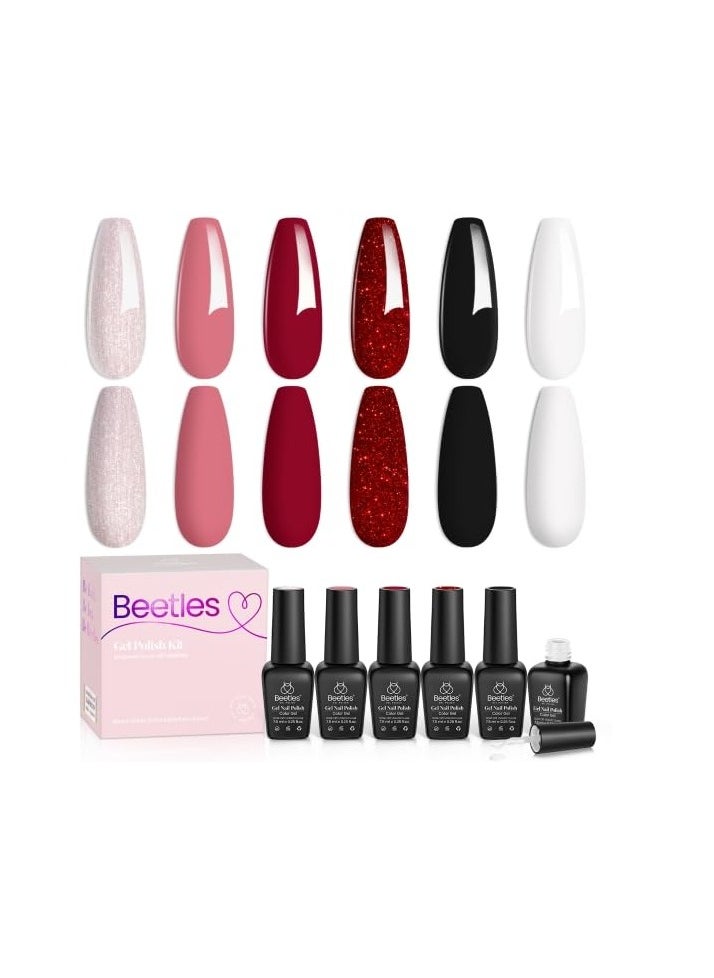 beetles Gel Polish Beetles Gel Nail Polish Kit, 6 Colors Queen of Hearts Collection Nude Pink Red Black White Glitter Gel Polish Rose Golden Black White Gel Nail Polish Soak Off Uv Lamp Cured DIY Home Manicure  - Image 1