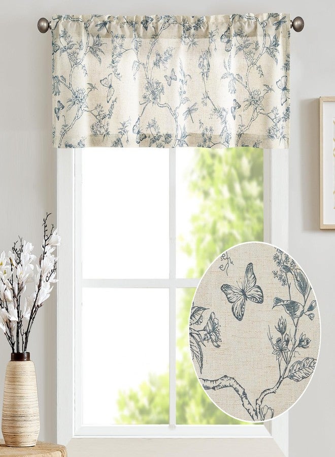 Lazzzy Kitchen Valance Curtain Linen Floral Farmhouse Valance for Living Room Bathroom Bedroom Country Valances Window Treatments Small Window Cafe Curtain 16 Inch Rod Pocket 1 Panel, Blue on Beige - Image 2
