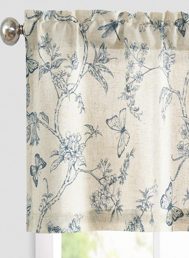 Lazzzy Kitchen Valance Curtain Linen Floral Farmhouse Valance for Living Room Bathroom Bedroom Country Valances Window Treatments Small Window Cafe Curtain 16 Inch Rod Pocket 1 Panel, Blue on Beige - Image 1