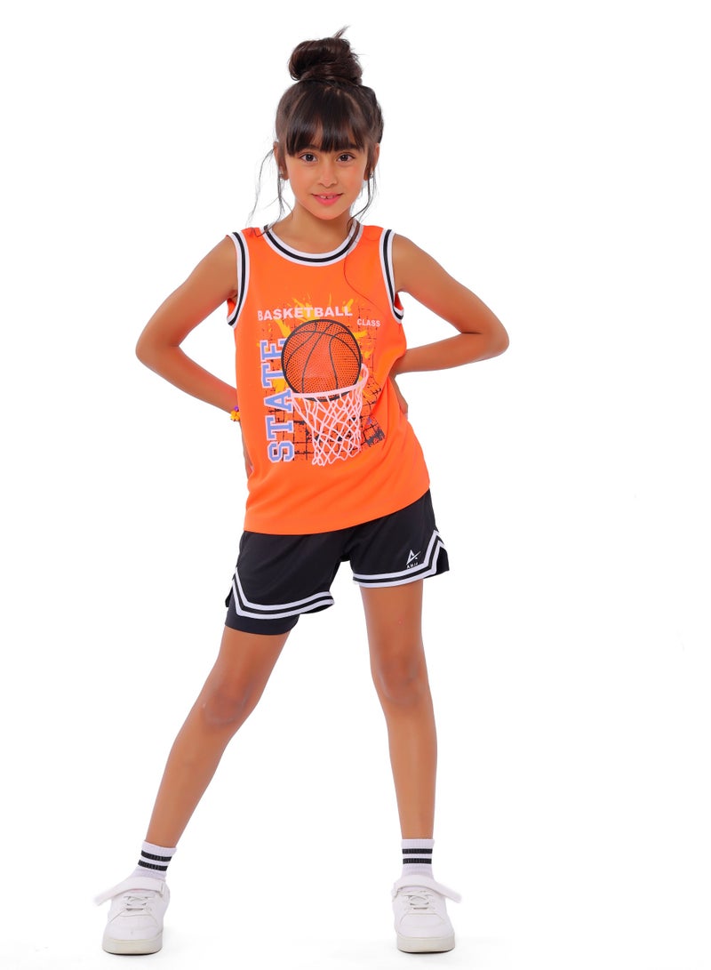 ANJA Girls' Orange Basketball T-Shirt – Comfortable, Cut-Sleeve Design - Image 1