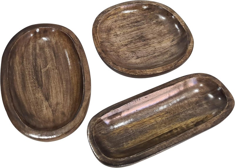 collectiblesBuy collectiblesBuy Vintage Rustic Brown Platter Salad  Snacks Fruits Tray Solid Wood Bowls Set of 3 Bowl  - Image 1