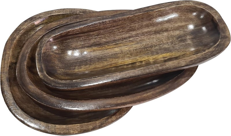 collectiblesBuy collectiblesBuy Vintage Rustic Brown Platter Salad  Snacks Fruits Tray Solid Wood Bowls Set of 3 Bowl  - Image 2