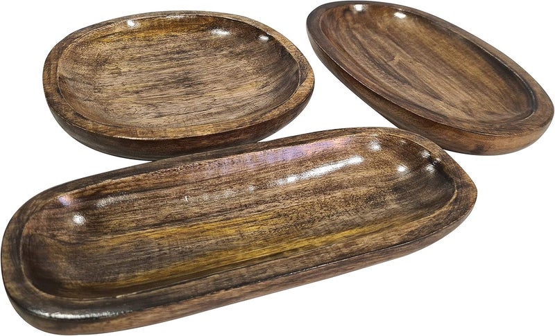 collectiblesBuy collectiblesBuy Vintage Rustic Brown Platter Salad  Snacks Fruits Tray Solid Wood Bowls Set of 3 Bowl  - Image 5