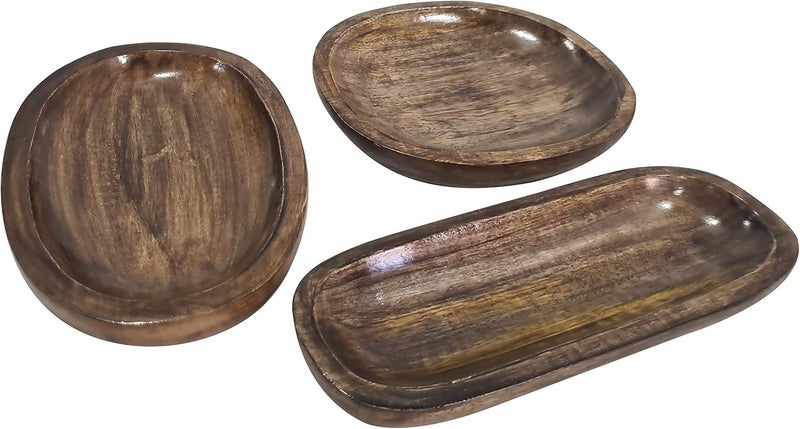 collectiblesBuy collectiblesBuy Vintage Rustic Brown Platter Salad  Snacks Fruits Tray Solid Wood Bowls Set of 3 Bowl  - Image 4