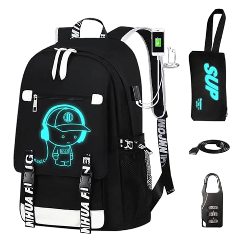 ASXMA Luminous Pattern Travel Laptop Backpack Adjustable Shoulder Strap Waterproof Black Backpack With Usb Charging Port Headphone Port School Backpack Includes Pencil Bagcombination Lock - Image 1