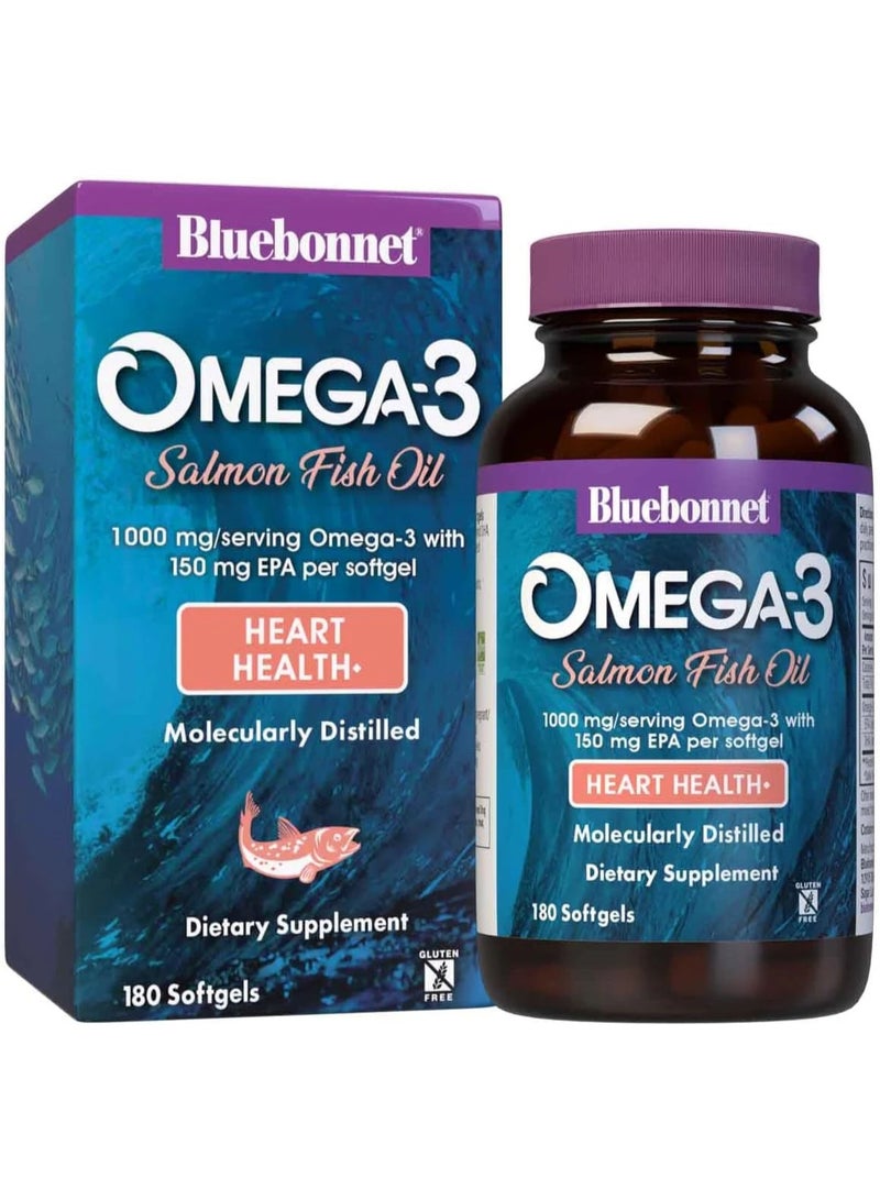 Bluebonnet Omega‑3 Salmon Oil 1000 mg – EPA & DHA, Heart, Brain & Eye Health, 180 Softgels