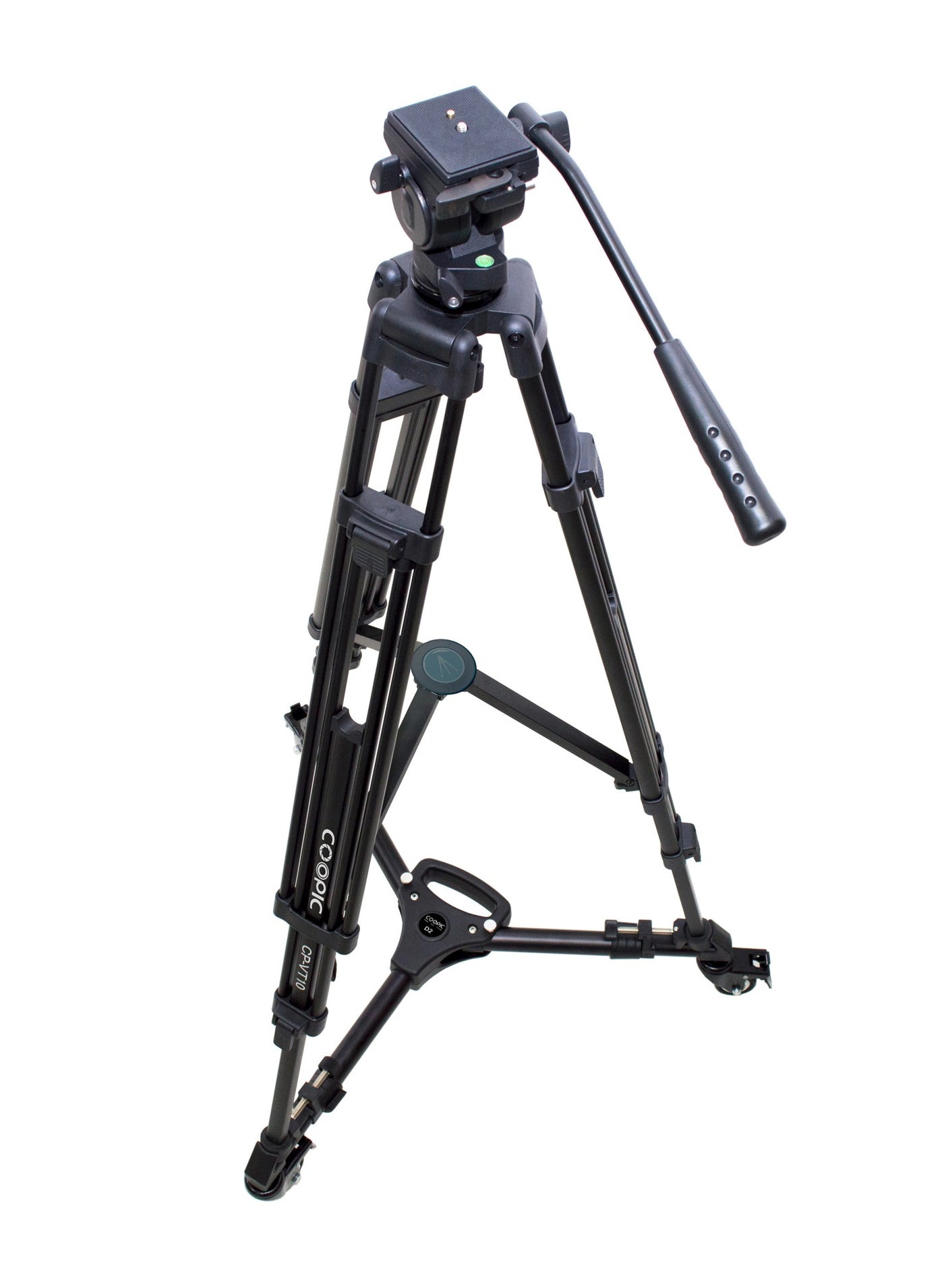 CP-VT10 Heavy Duty Aluminum Alloy Video Tripod 360° Degree Fluid Drag Head Tripod with D2 Dolly Rubber Wheels Adjustable Leg Mounts Compatible with Canon Nikon Sony Digital & Camcorder Cameras