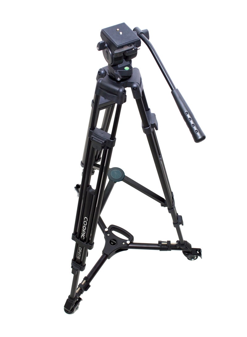 Coopic CP-VT10 Heavy Duty Aluminum Alloy Video Tripod 360° Degree Fluid Drag Head Tripod with D2 Dolly Rubber Wheels Adjustable Leg Mounts Compatible with Canon Nikon Sony Digital & Camcorder Cameras  - Image 1