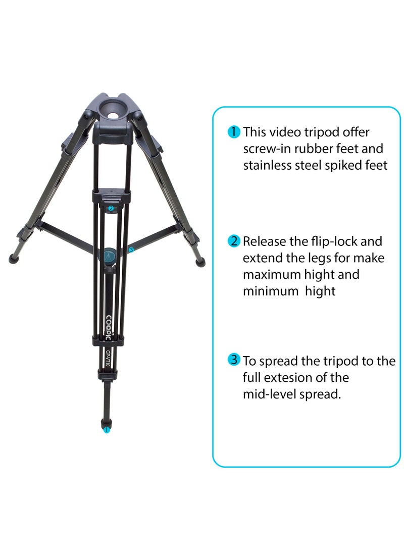 Coopic CP-VT10 Heavy Duty Aluminum Alloy Video Tripod 360° Degree Fluid Drag Head Tripod with D2 Dolly Rubber Wheels Adjustable Leg Mounts Compatible with Canon Nikon Sony Digital & Camcorder Cameras  - Image 4