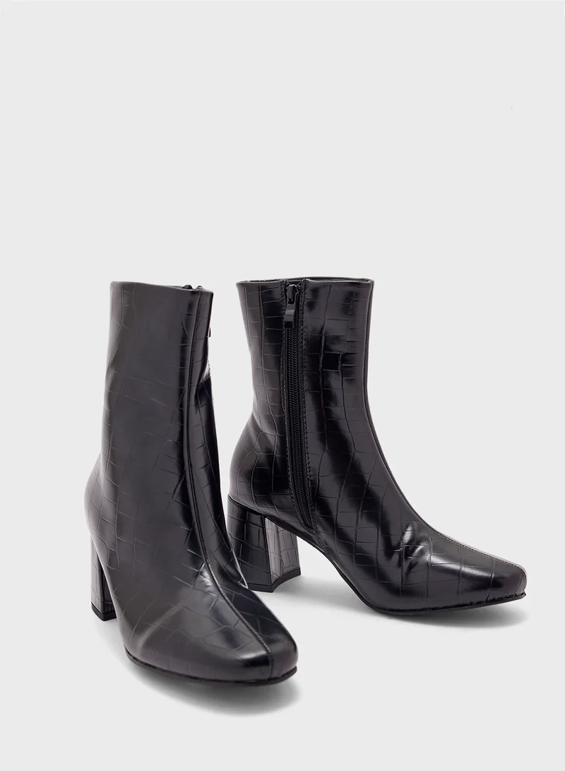 Ginger Block Heel Croc Effect Boot