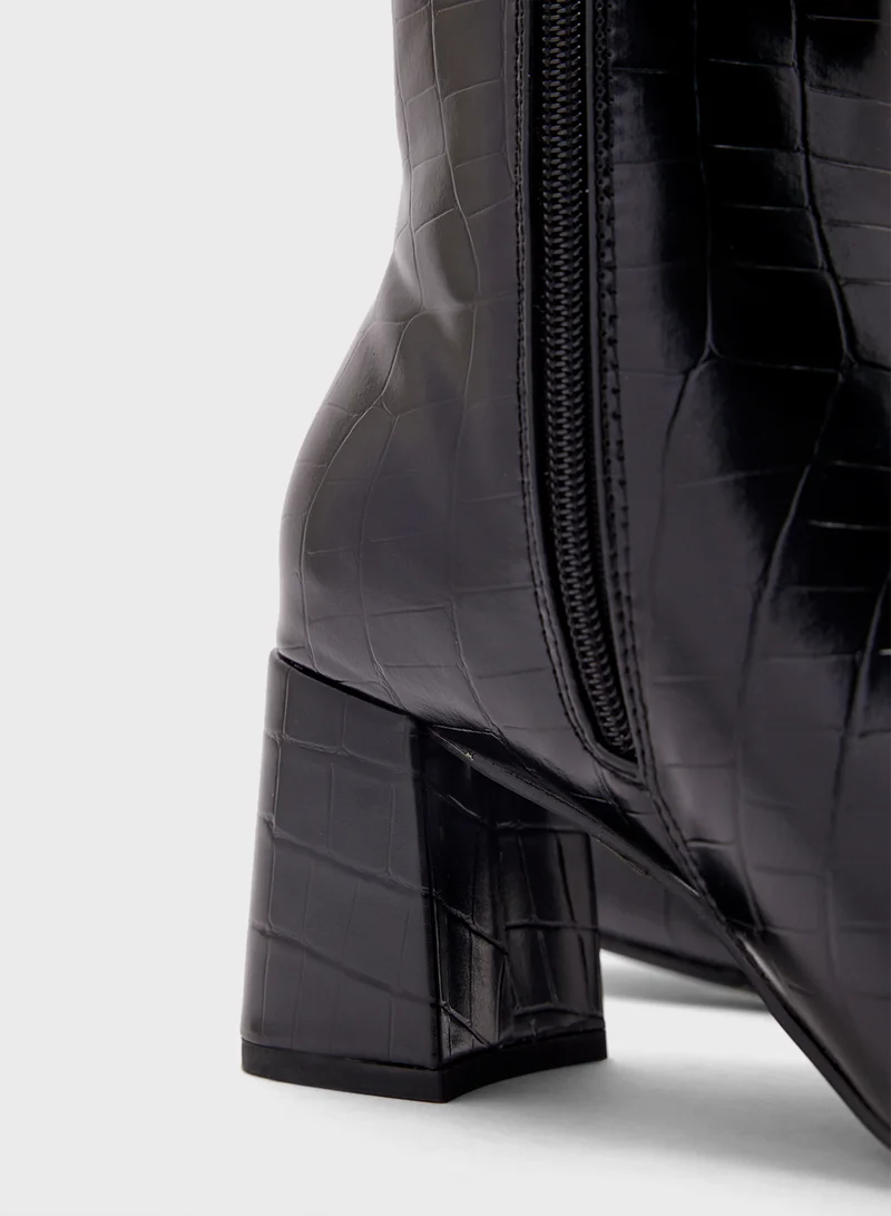 Ginger Block Heel Croc Effect Boot