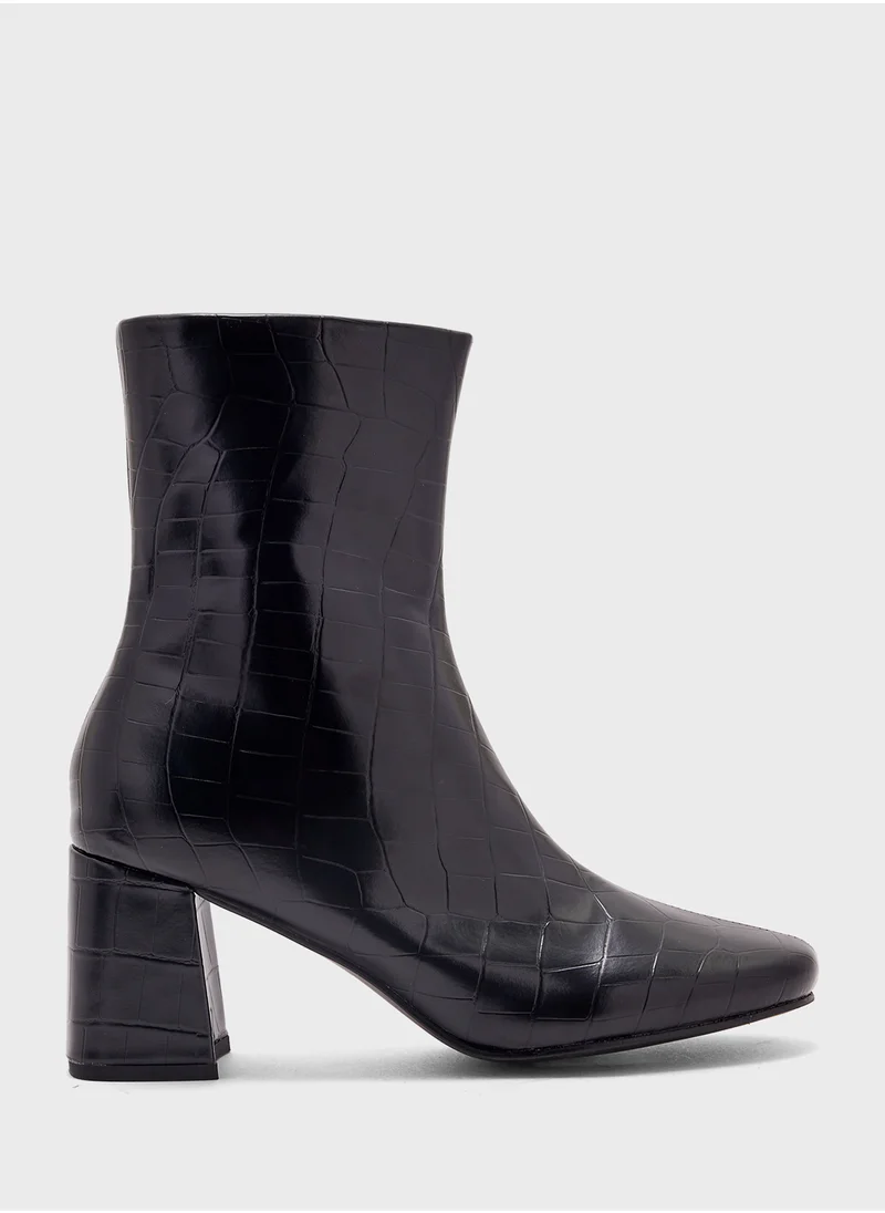 Ginger Block Heel Croc Effect Boot