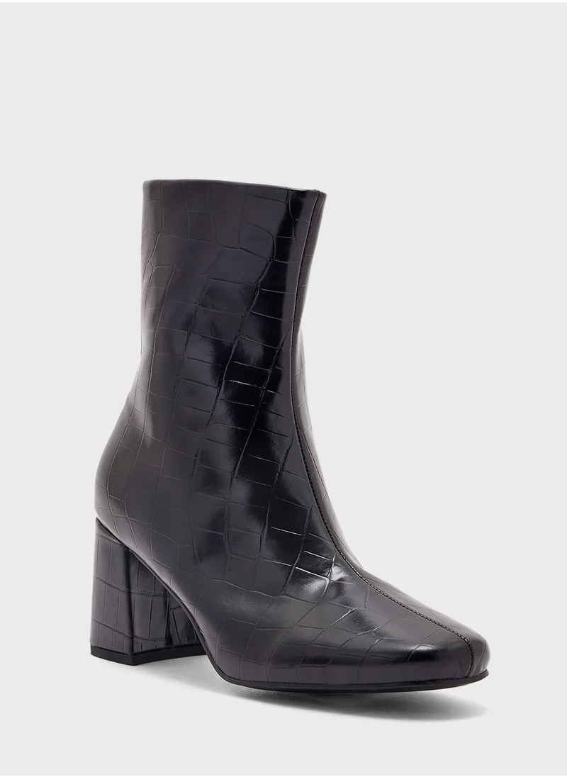 Ginger Block Heel Croc Effect Boot