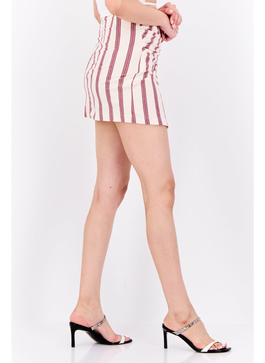 Bershka Women Stripe Mini Skirt, Cream  - Image 2