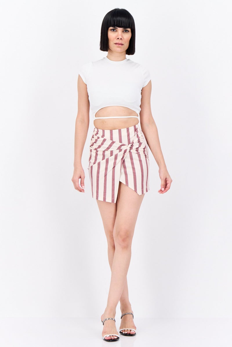 Bershka تنورة قصيرة مخططة للنساء، كريمي - Image 2