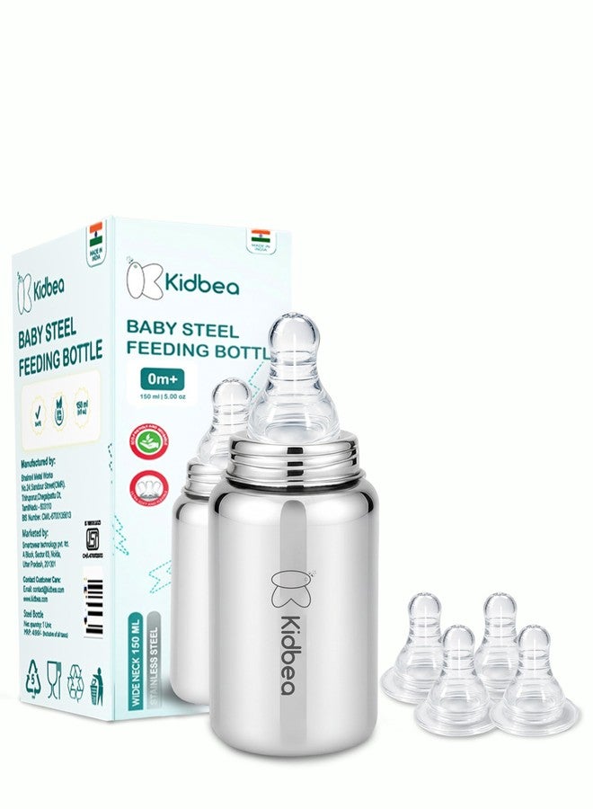 Kidbea Stainless Steel Baby Feeding Bottle 150ml (0m+) | BPA Free Wide Neck Anti-Colic Infant Milk Bottle with 4 Extra Silicone Nipples for Newborns - Image 1