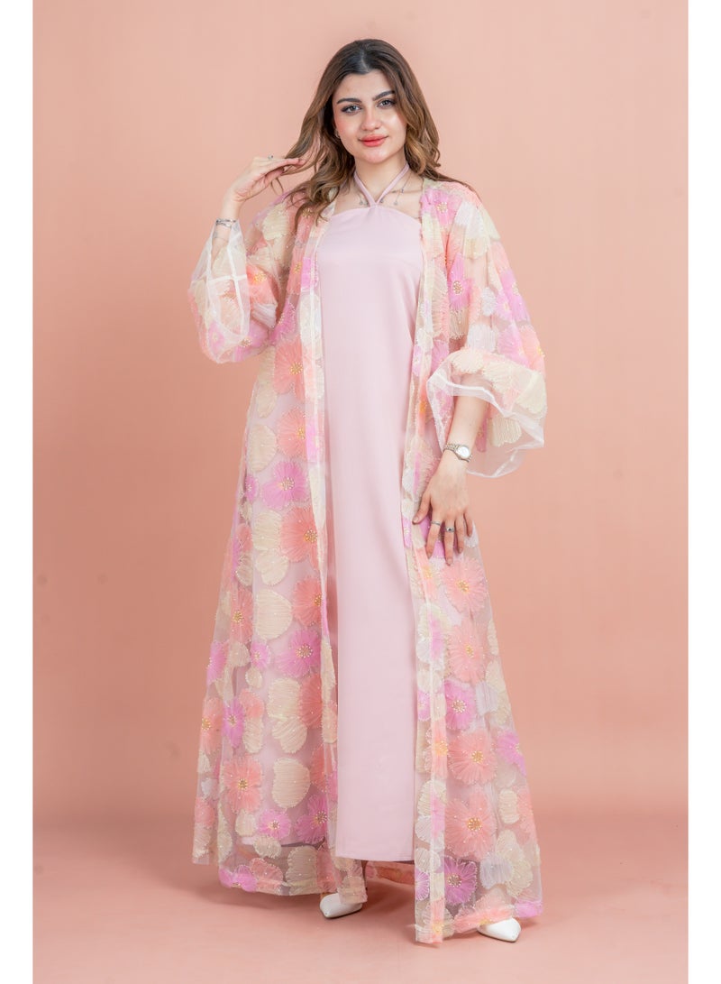 اكسا عباية عصرية نقوش زهور متناسقة IK1054 خوخي - Image 1