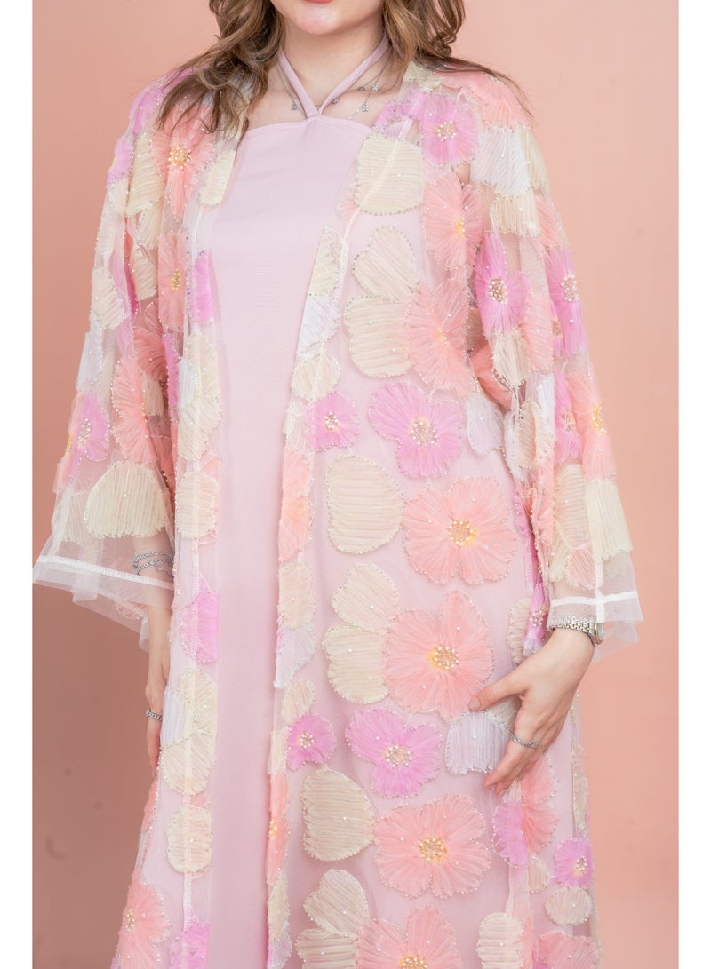 اكسا عباية عصرية نقوش زهور متناسقة IK1054 خوخي - Image 2