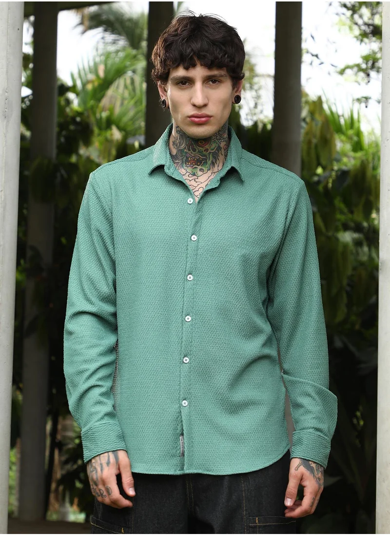 كامبوس سوترا Men's Sage Green Weave-Tactile Shirt For Casual Wear | Spread Collar | Long Cuffed Sleeves | Button Closure | Shirt Crafted With Comfort Fit For Everyday Wear