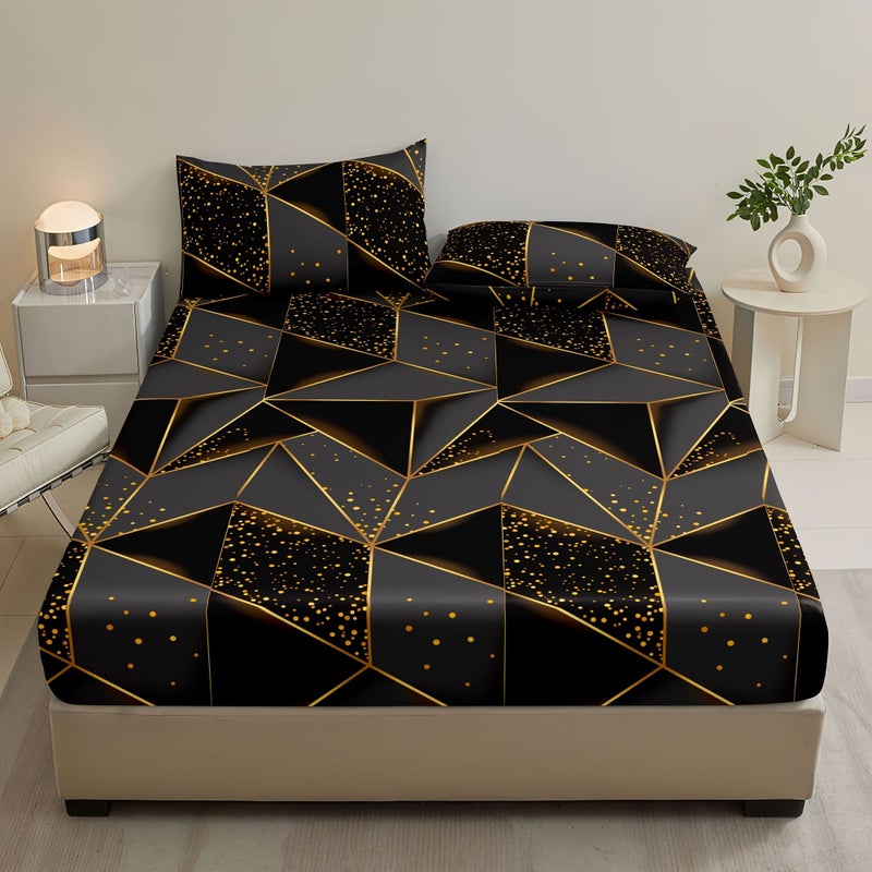 Dark Gray Geometry Fitted Sheet Set 3 Pieces With 2 Pillowcases For Double Sized Bed Skin Friendly Breathable Bed Cover - Image 2