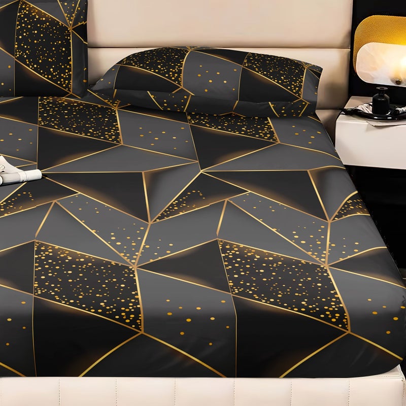 Dark Gray Geometry Fitted Sheet Set 3 Pieces With 2 Pillowcases For Double Sized Bed Skin Friendly Breathable Bed Cover - Image 4